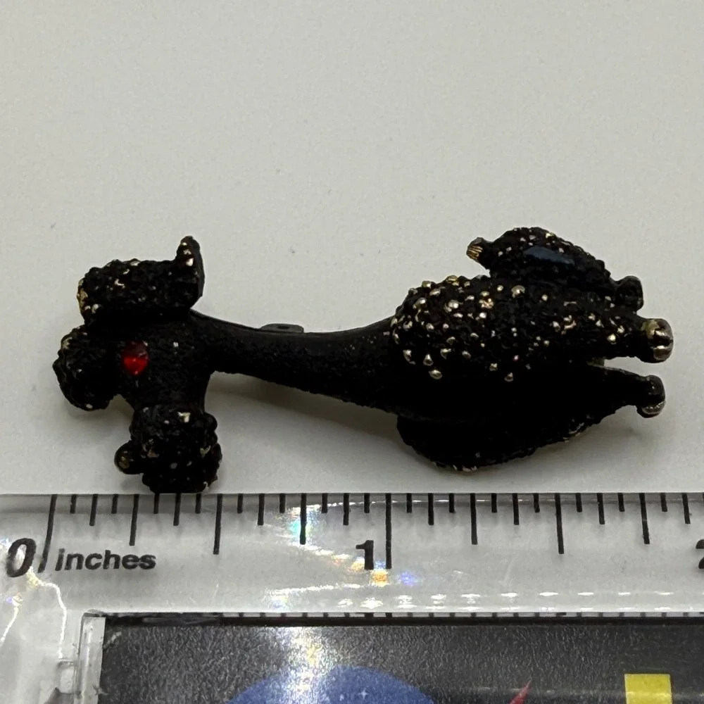 Mamselle Vintage Black Textured Poodle Brooch Gold Tone Red Rhinestone Eye Pin